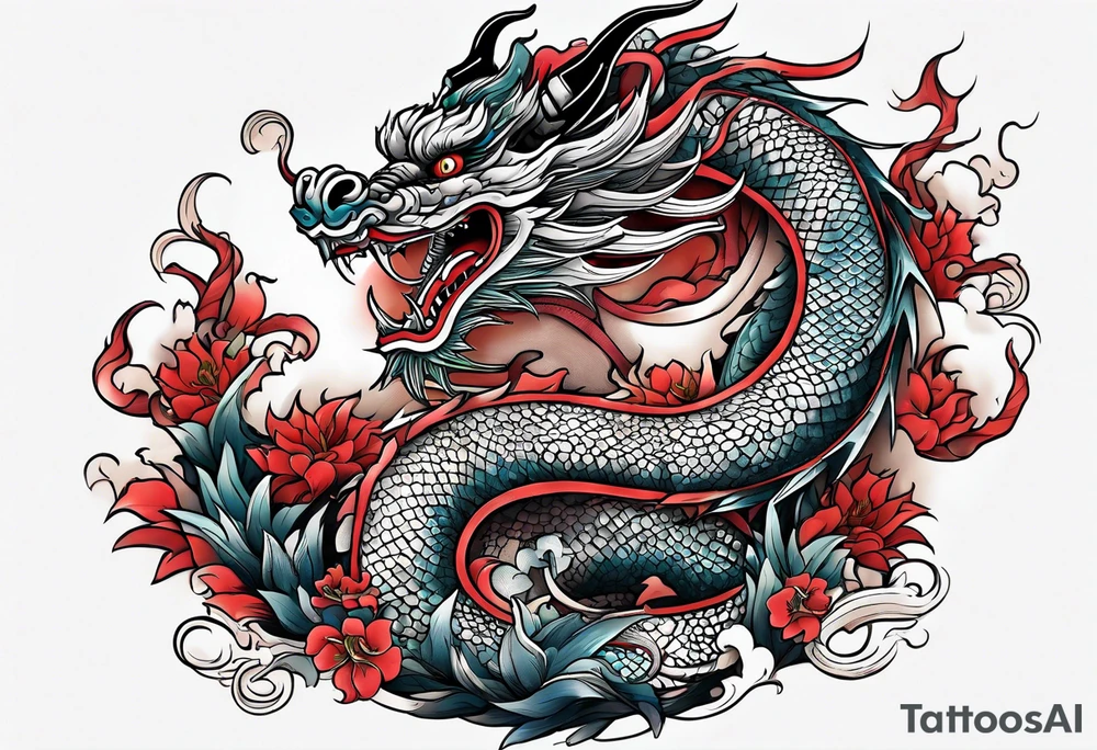 Create a detailed tattoo of Asian dragon wrapping around an anchor centered on taeguk. tattoo idea