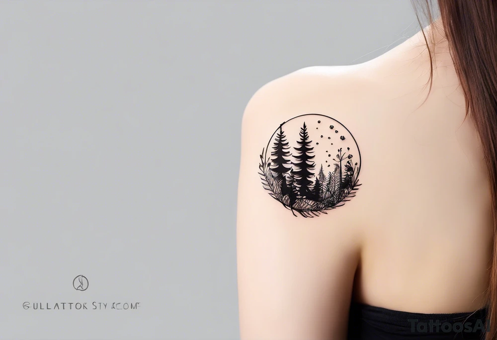 forest floor inspired minimalist tattoo, which includes grass, curly ferns, moss and dead leaves as the bulk of the tattoo. details to include: forest berries, a tiny bumblebee flying nearby, three small brown mushrooms
Generate a vertically long one tattoo idea