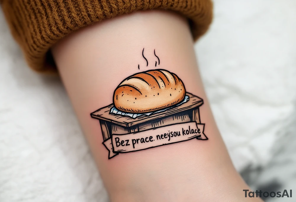 "Bez prace nejsou kolace." — A traditional loaf of bread steaming over a rustic table, inked in sepia tones, with the quote in banner style underneath. tattoo idea