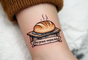 "Bez prace nejsou kolace." — A traditional loaf of bread steaming over a rustic table, inked in sepia tones, with the quote in banner style underneath. tattoo idea