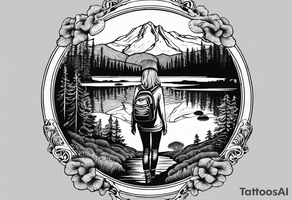 Whole picture encircled fully

Straight long blonde hair hippie girl in distance holding mushrooms in hand facing away toward mountains and creek surrounded by mushrooms long sleeve shirt and hiking pants; whole rendering within a full circle, no cut off circle tattoo idea