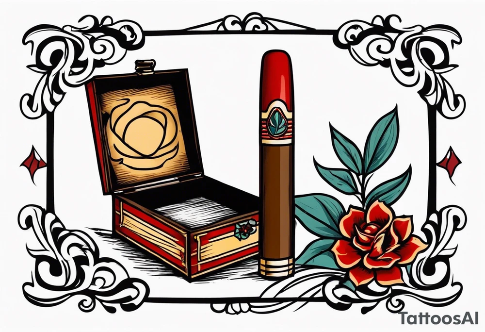An sailor Jerry style tattoo of a vintage cigar box with one lit cigar and one flower on top tattoo idea