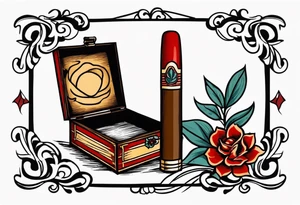 An sailor Jerry style tattoo of a vintage cigar box with one lit cigar and one flower on top tattoo idea