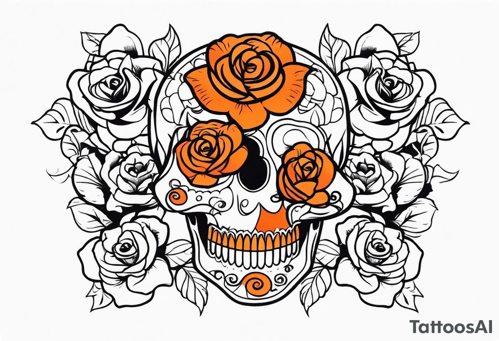 Orange Sugar skull with roses that are orange and red with smoke around it tattoo idea