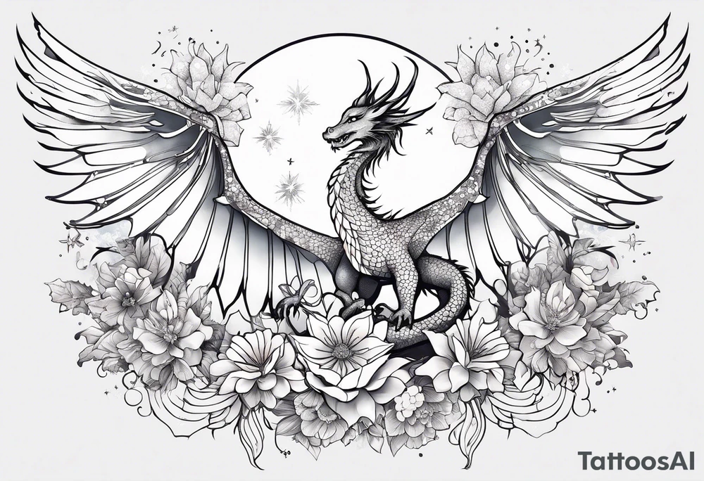 Constellation, wing , snow , cross , dragon female japan kawaii , flower tattoo idea