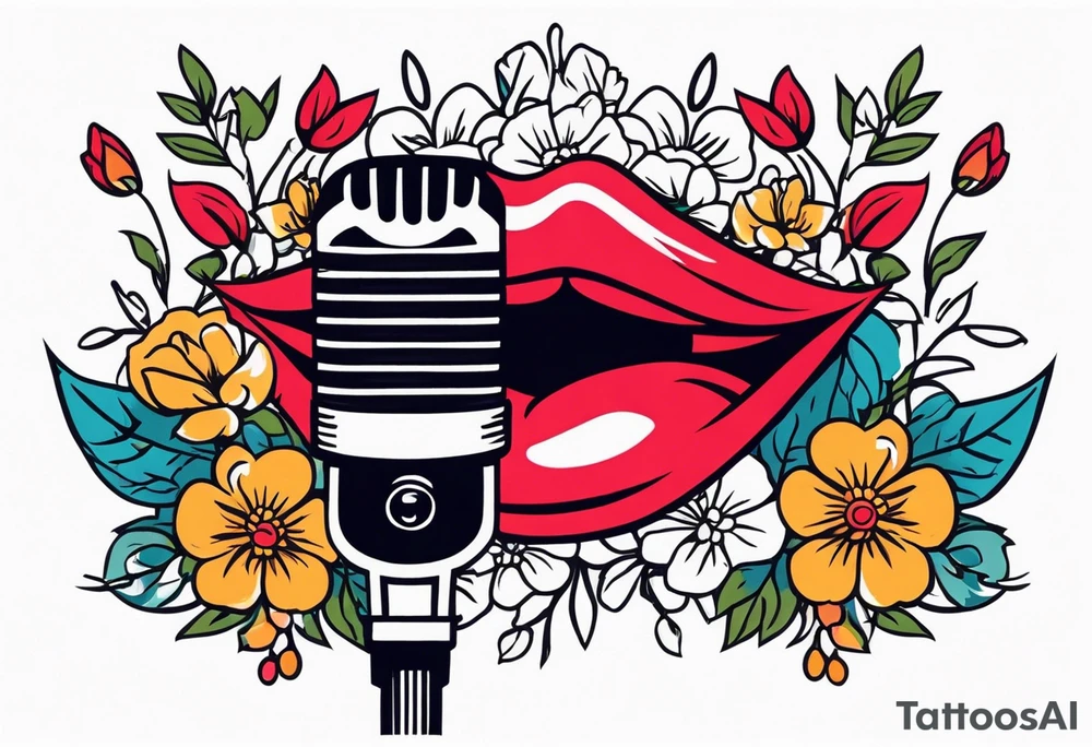 lips singing old school vintage traditional
flowers around and mouth next to microphone
bold and colorful simple design tattoo idea