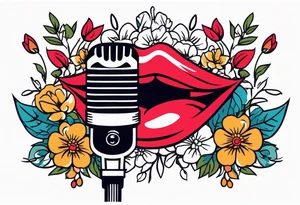 lips singing old school vintage traditional
flowers around and mouth next to microphone
bold and colorful simple design tattoo idea