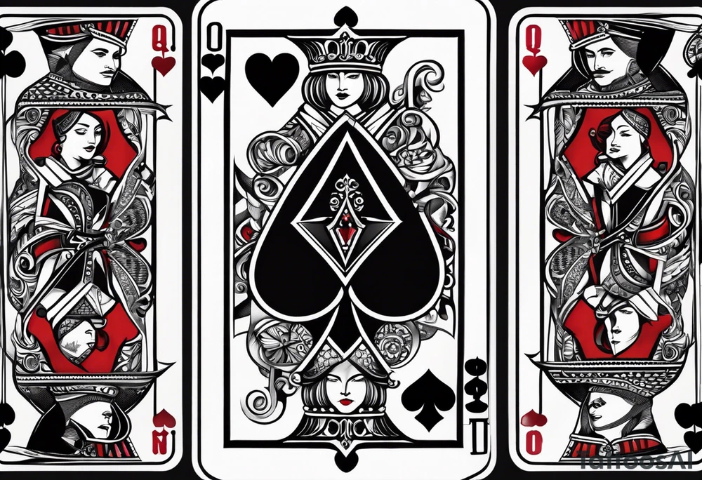 one playing card with both queen of hearts and king of spades in extreme minimalistic style tattoo idea