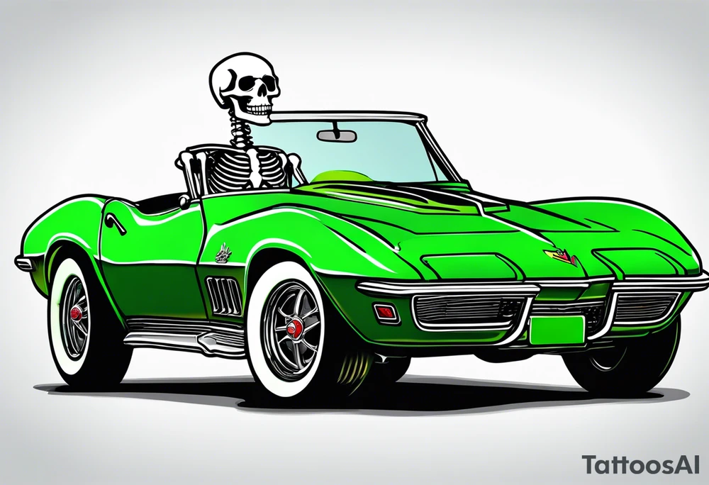 Skeleton smoking a cigarette driving a green 1976 convertible Corvette tattoo idea
