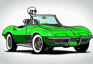 Skeleton smoking a cigarette driving a green 1976 convertible Corvette tattoo idea