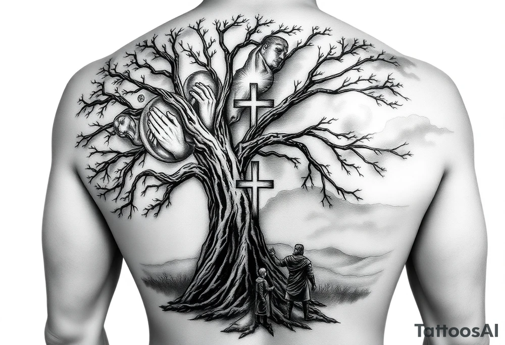 A highly detailed black and grey realism tattoo sleeve design that tells a story of faith, family, and perseverance. A large, deeply rooted tree with strong branches represents family and growth. Within the bark of the tree, hidden images of hands clasped together and a father guiding a child can be seen. A distant cross glows subtly through a stormy sky, symbolizing divine guidance. A warrior stands at the base of the tree, looking toward the cross, representing endurance through hardship. The design blends realism and abstract elements, with deep shadows at the base fading into light near the shoulder. tattoo idea