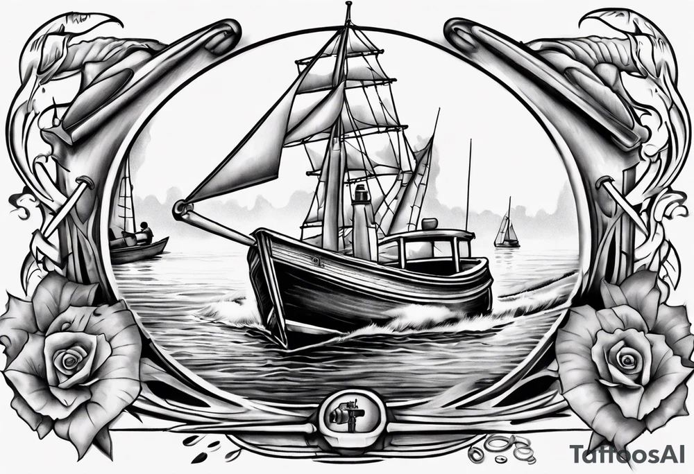 memorial tattoo for my father. include an open boat and outboard motor with dad at the engine and a boy in the front of the boat. try to tie in other hobbies like playing cribbage, woodworking, and watching jeopardy tattoo idea