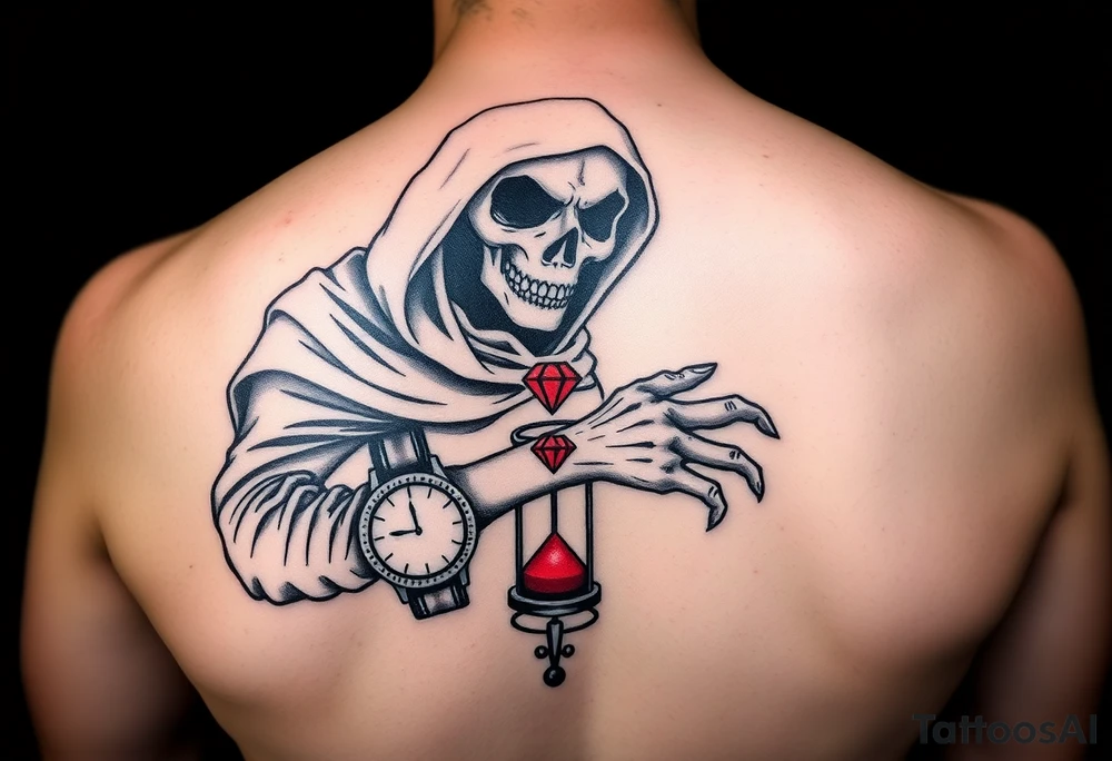 Simple grim reaper looking at a watch on his wrist with a hourglass with red sand and diamond geometric shapes tattoo idea
