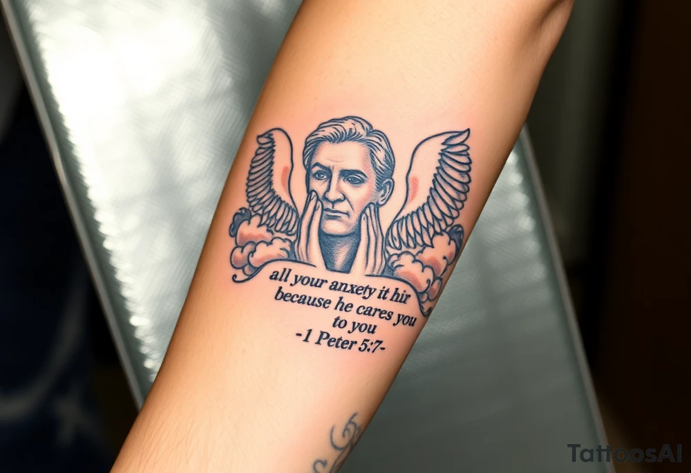 cast all your anxiety on him because he cares for you"  1 peter 5:7 surrounded with clouds and angels and praying hands tattoo idea