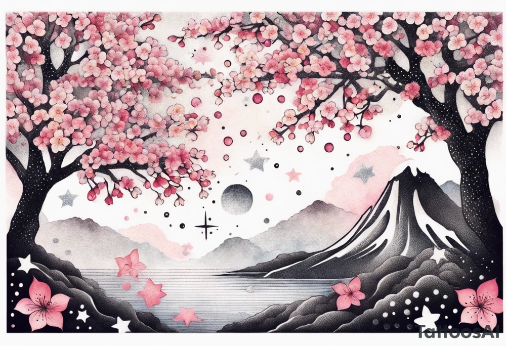 Cherry blossoms and stars in a rainbow of colors tattoo idea