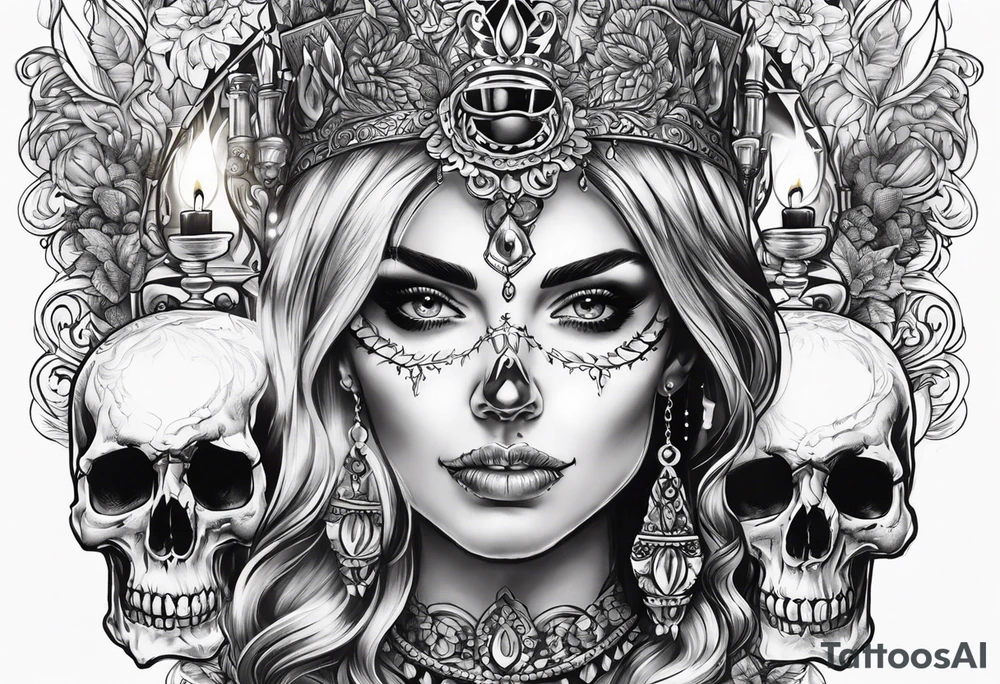 Skull and candle and evil woman's face above tattoo idea