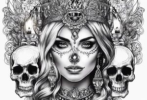 Skull and candle and evil woman's face above tattoo idea