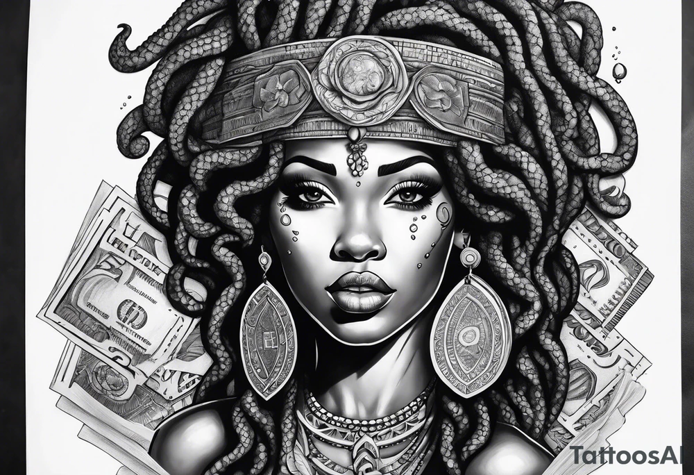 African medusa with money tattoo idea