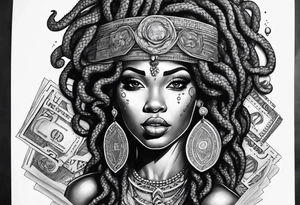 African medusa with money tattoo idea