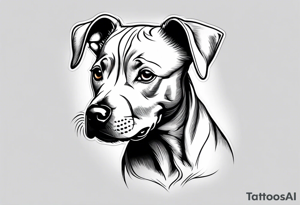 "A small, highly detailed tattoo design of an adorable Pitbull puppy, focusing on its expressive eyes and gentle facial features. The tattoo should capture the puppy's soft fur, with a slight smile and floppy ears, giving it a cute and friendly appearance. The design should be minimalistic and fine-lined, with realistic shading to emphasize the microrealistic style." tattoo idea
