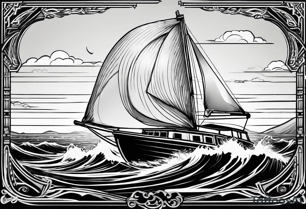 sailboat seen from the front. sail in the shape of a maritime lighthouse.phoenix drawn on the sail. tattoo idea