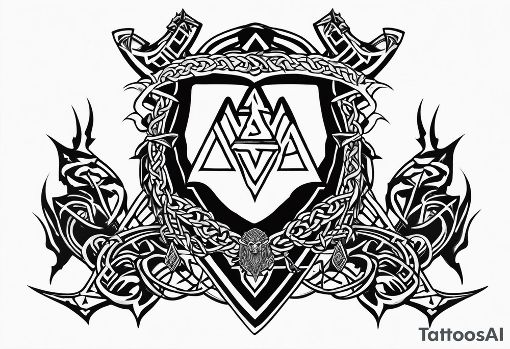 Valhalla sword shield dragon axe Valknut barbed wire chains tribal tattoo idea Valhalla sword shield dragon axe Valknut barbed wire chains tribal tattoo idea