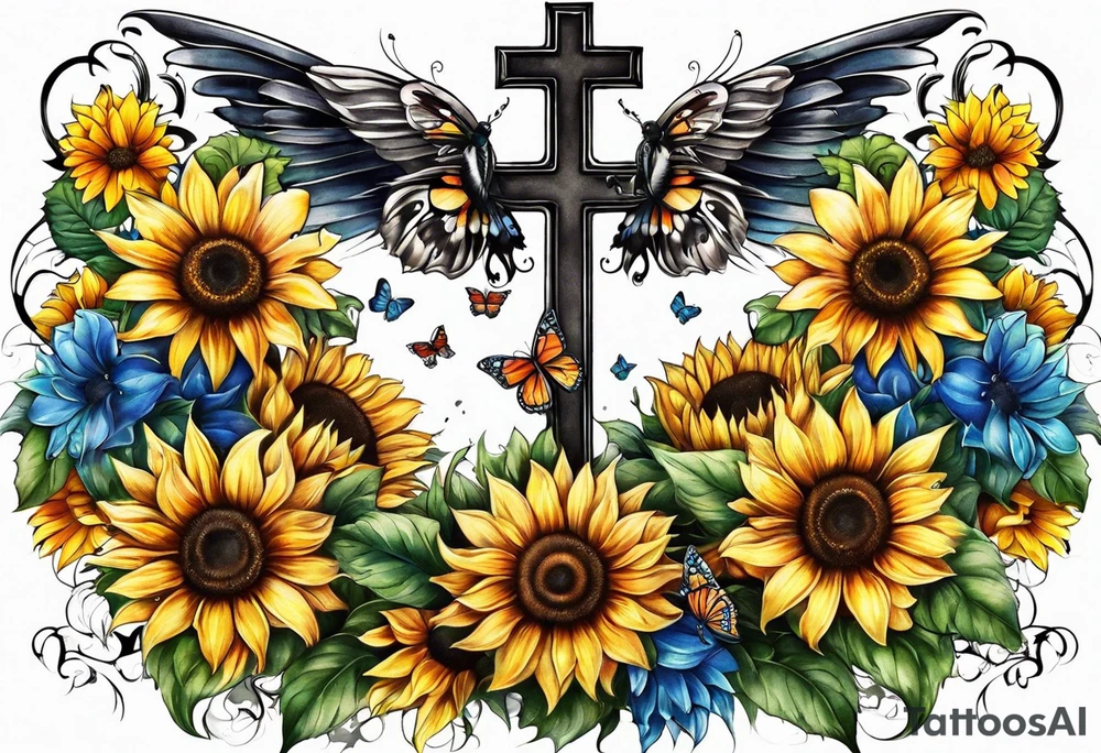 Winged cross with sunflower flowers and butterflies calf sleeve tattoo idea