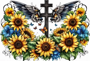 Winged cross with sunflower flowers and butterflies calf sleeve tattoo idea