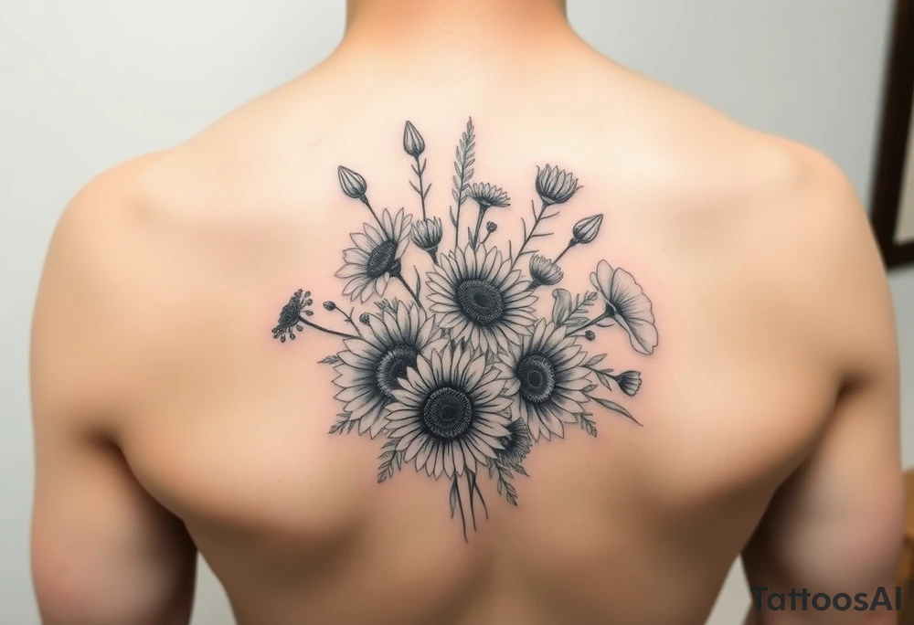 Small watercolour bouquet of wild flowers including Lilly stargazers, sunflowers, poppies and peonies tattoo idea