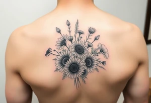 Small watercolour bouquet of wild flowers including Lilly stargazers, sunflowers, poppies and peonies tattoo idea