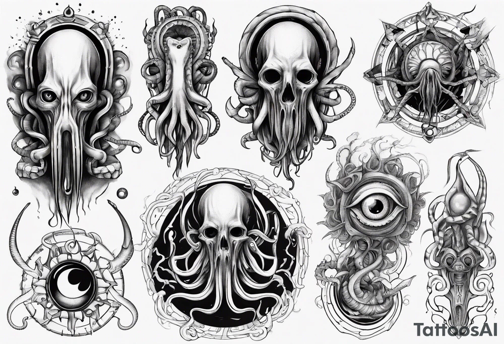 lovecraft long tattoo to put on the forearm, with eye and tentacle tattoo idea