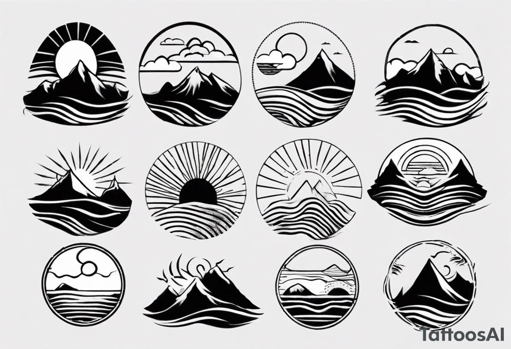 mountains, beach, waves, sun tattoo idea