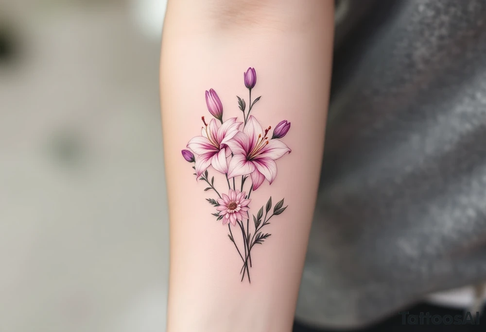 stargazer lillies in light pink with small sunflowers and peonies and purple tulip buds in a dainty wildflower bouquet with stems tattoo idea