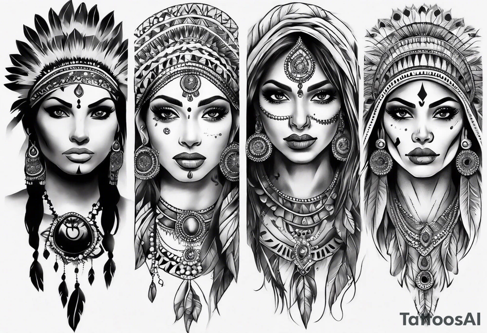 indian woman face 
theme leg sleeve tattoo idea