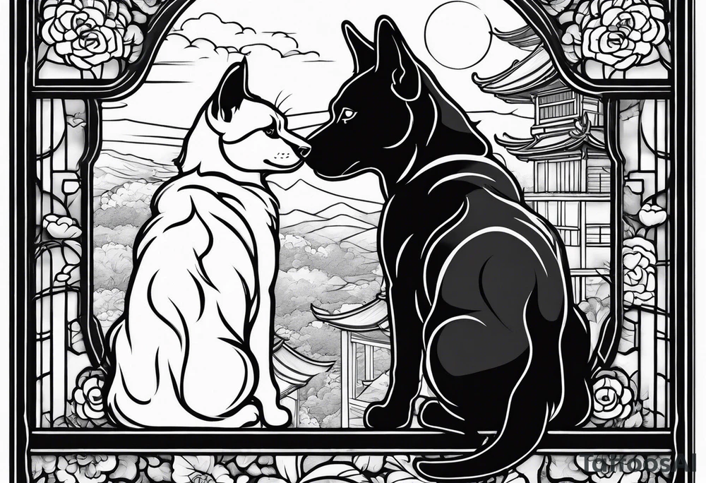 dog and cat looking out tall window together tattoo idea