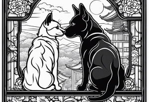 dog and cat looking out tall window together tattoo idea