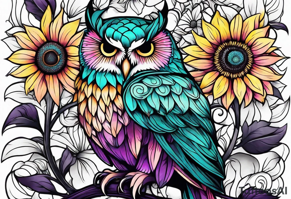 Leg Sleeve with teal, pink and purple owl and yellow sunflowers tattoo idea