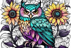 Leg Sleeve with teal, pink and purple owl and yellow sunflowers tattoo idea