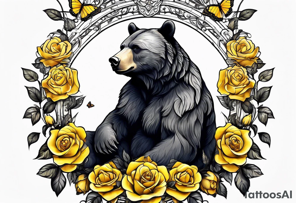 Bear under the tree of life with yellow roses and three butterflies for an upper arm tattoo. tattoo idea