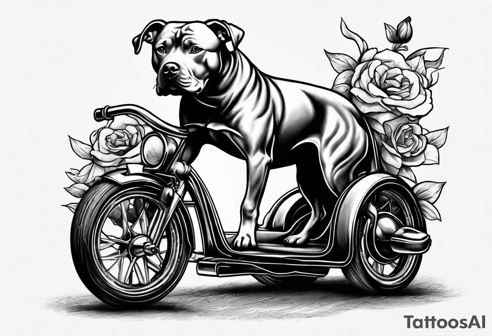 Pittbull wearing a topcoat riding a tricycle tattoo idea