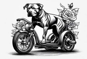 Pittbull wearing a topcoat riding a tricycle tattoo idea