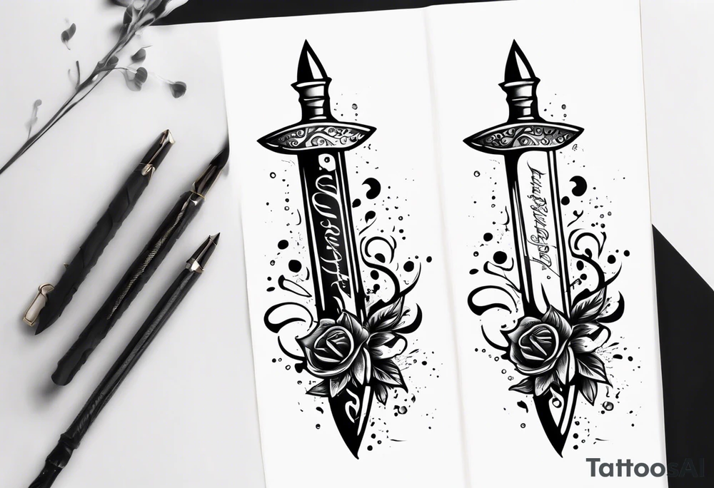 Feminine magical dagger with a splash of water swirling around it upwards tattoo idea