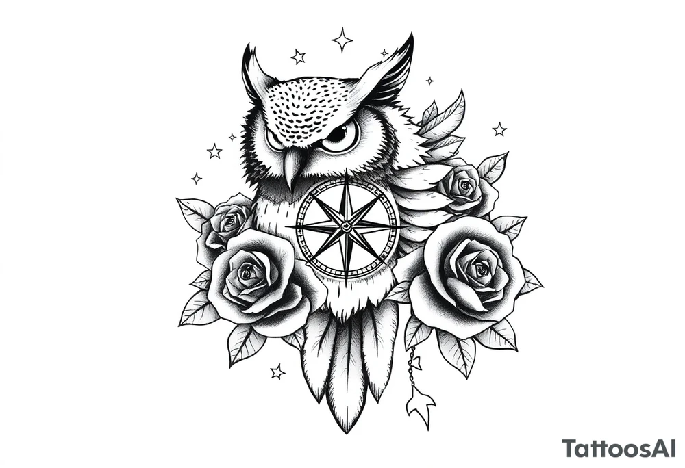 an owl,compass,roses,stars. tattoo idea