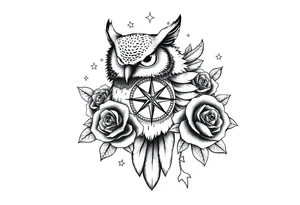 an owl,compass,roses,stars. tattoo idea