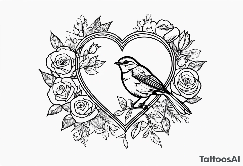 A heart muscle with a Robin inside surrounded by roses, likely of the valley and cosmos flowers tattoo idea