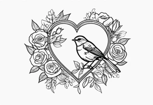 A heart muscle with a Robin inside surrounded by roses, likely of the valley and cosmos flowers tattoo idea