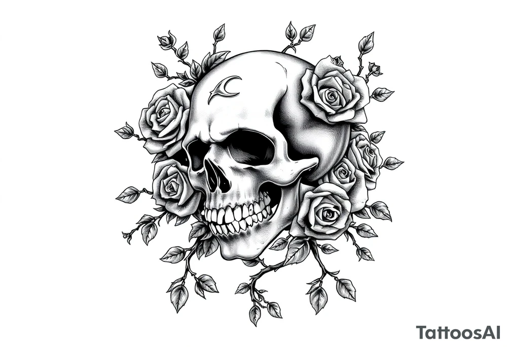 gothic skull intertwined with climbing roses and thorny vines tattoo idea