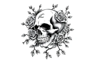 gothic skull intertwined with climbing roses and thorny vines tattoo idea