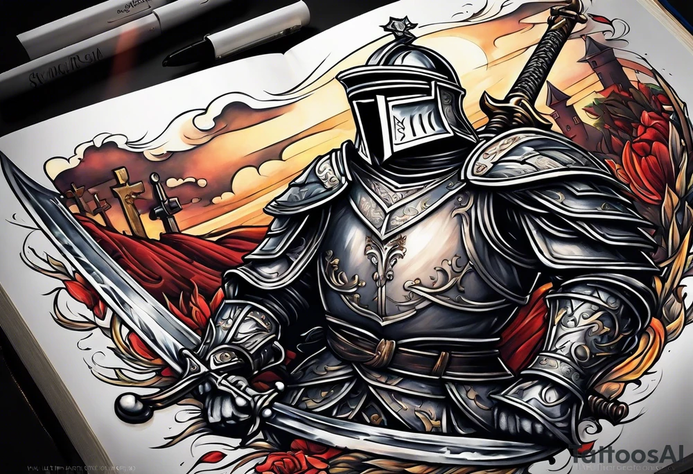 a knight pulling a sword out of an open bible tattoo idea