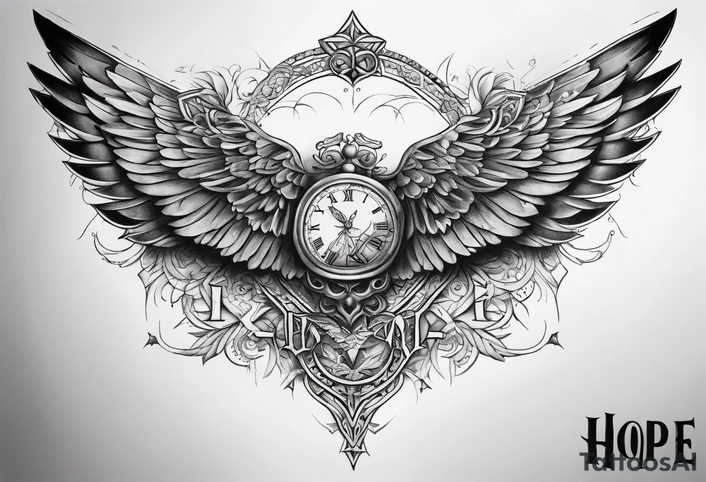full chest tattoo with multiple scars with wings on the shoulders and the word "hope" tattoo idea